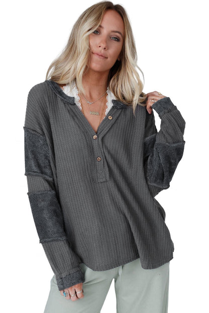 Gray Contrast Patched V Neck Waffle Knit Henley Top