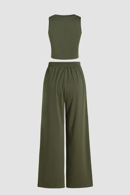 Jungle Green Solid Cropped Tank Top and Wide Leg Pants Set