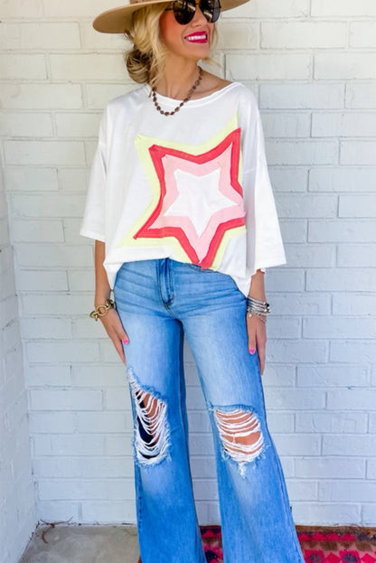 White Colorblock Star Patched Half Sleeve Oversized Tee