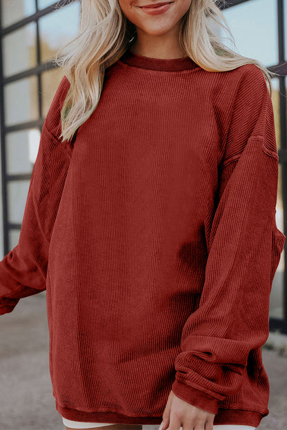 Orange Plain Drop Sleeve Rib-Knit Oversized Sweatshirt