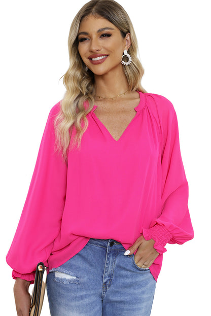 Rose Pleated V Neck Puffy Sleeve Blouse