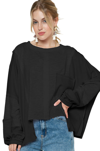 Green Splicing Long Sleeve Pocketed Oversized Top