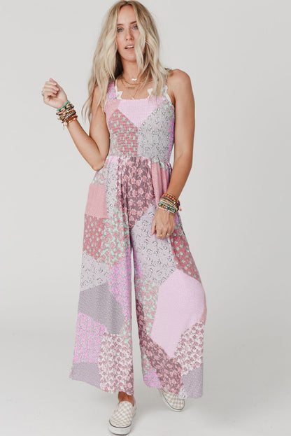 Multicolor Irregular Patchwork Print Smocked Wide Leg Jumpsuit