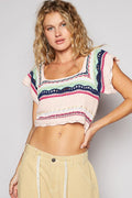 POL Openwork Ethnic Pattern Square Neck Cropped Knit Top