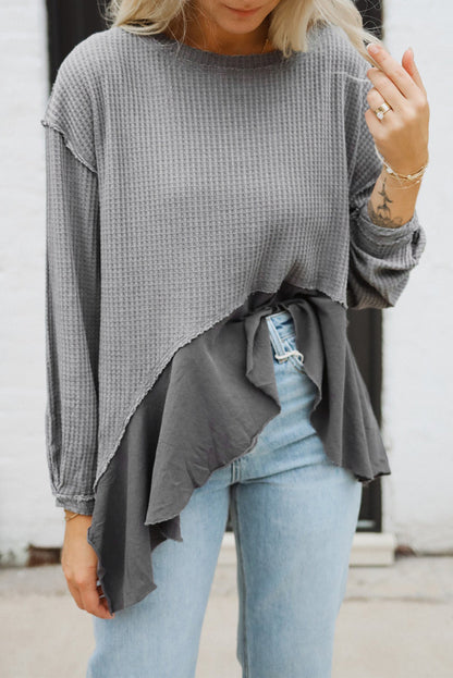 Grey Waffle Knit Patchwork Long Sleeve Top