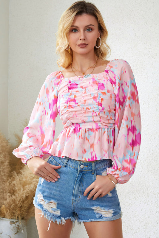 Watercolor Abstract Print Pleated Long Sleeve Blouse