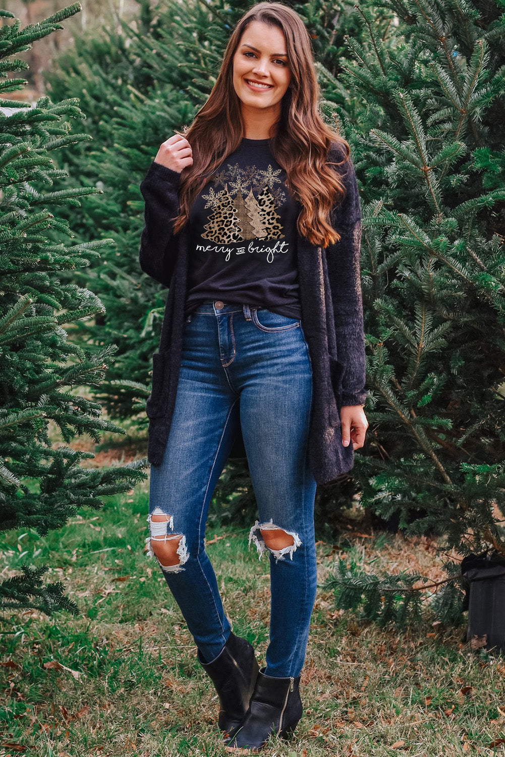 Black Leopard Christmas Tree Heat Transfer Printing Crew Neck Graphic T Shirt