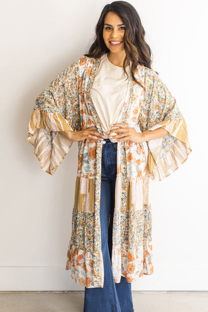 Multicolor Wide Sleeve Mixed Floral Print Long Kimono