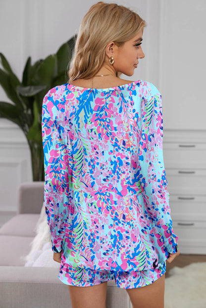 Multicolour Floral Print Long Sleeve Pullover and Shorts Lounge Set