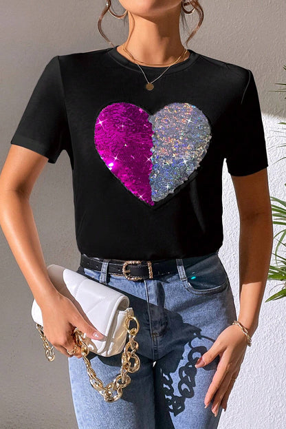 Black Valentine Two Tone Sequin Heart Graphic Tee