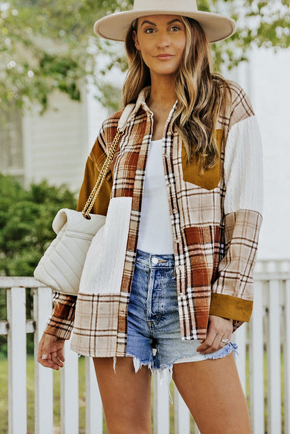 Orange Plaid Color Block Patchwork Pocket Shirt Shacket