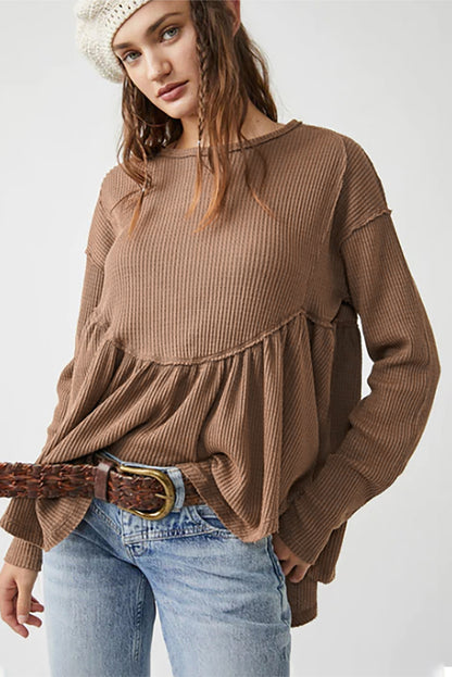 Brown Textured Exposed Seam Pullover Long Sleeve Top