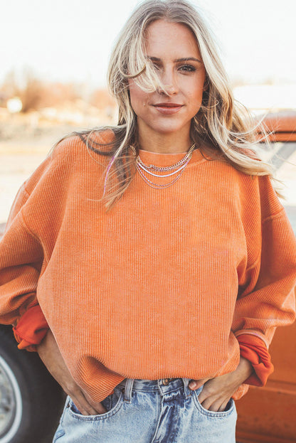 Orange Plain Drop Sleeve Rib-Knit Oversized Sweatshirt