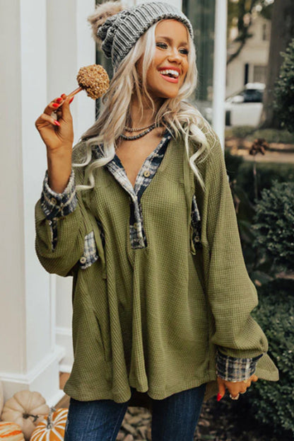 Green Waffle Knit and Flannel Henley Oversized Hoodie