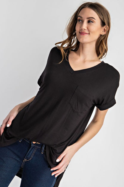 V Neck Basic High-Low Hem Top