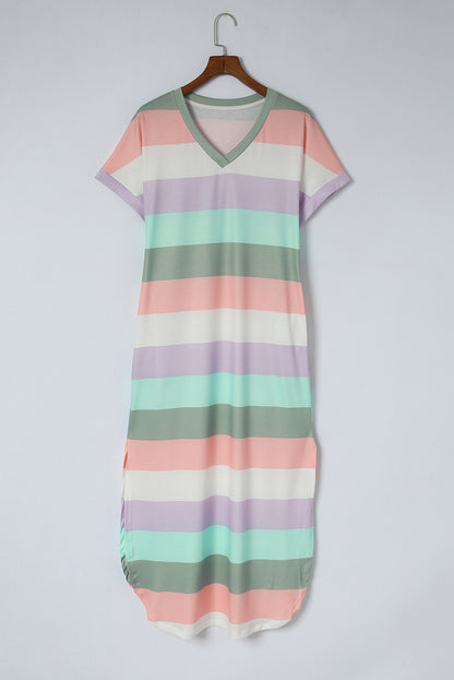 Multicolor Striped V Neck Side Slits T Shirt Dress with Pockets