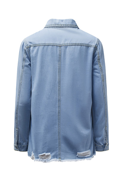 Light Blue Ripped Raw Hem Casual Button Up Denim Jacket