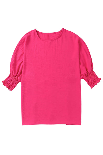 Rosy Solid Casual Smocked Cuffs Top