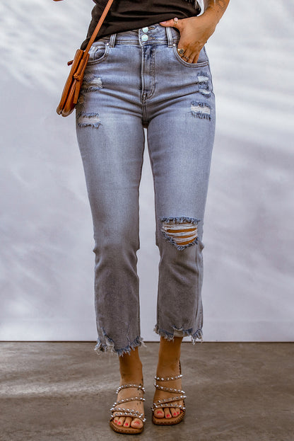 Distressed Raw Hem Buttoned Jeans