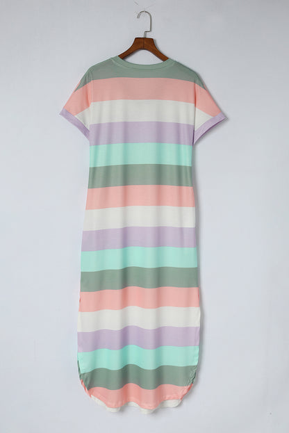 Multicolor Striped V Neck Side Slits T Shirt Dress with Pockets