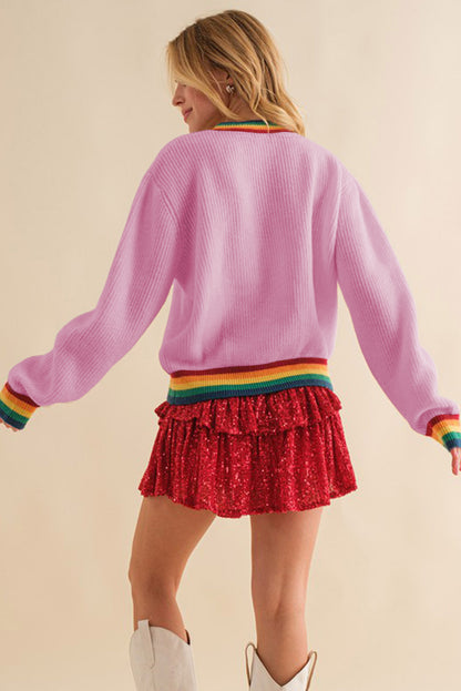 White Glitter Merry & Bright Rainbow Striped Trim Sweater