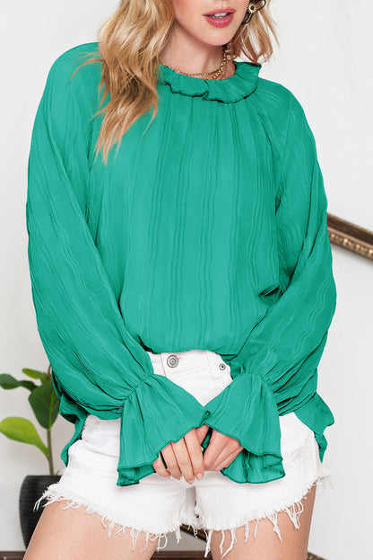 Green Crinkle Frilled Neck Pleated Long Sleeve Blouse