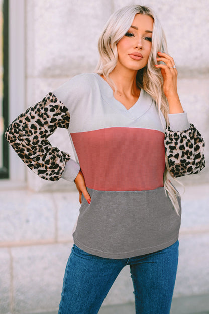 Leopard Print Color Block V Neck Waffle Knit Long Sleeve Top