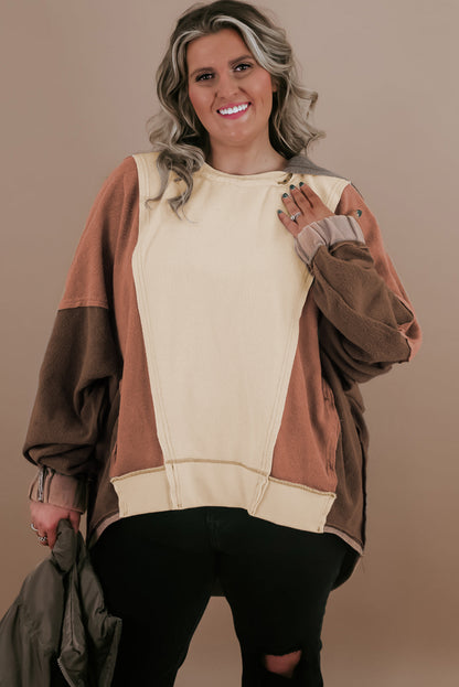 Brown Plus Size Exposed Seam Patchwork Sweatshirt