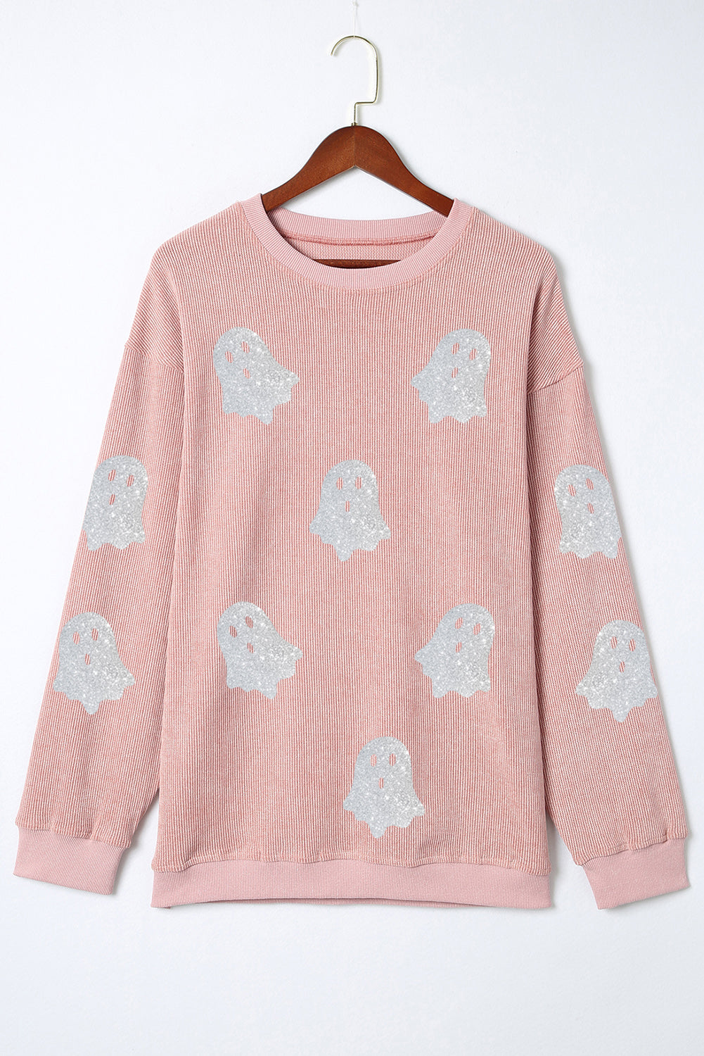 Black Halloween Ghost Corded Crew Neck Loose Sweatshirt