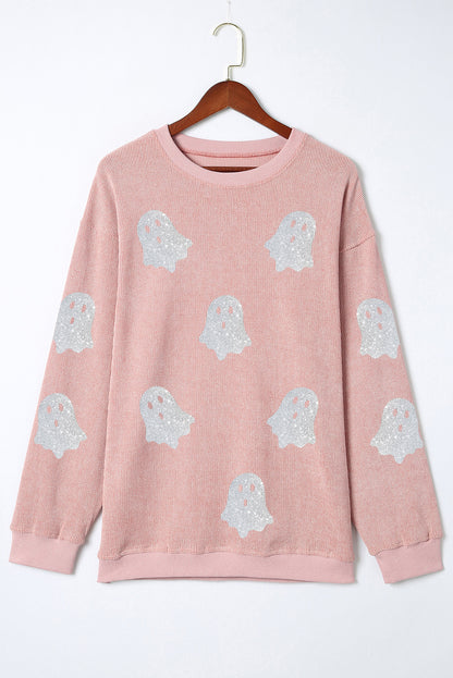 Black Halloween Ghost Corded Crew Neck Loose Sweatshirt