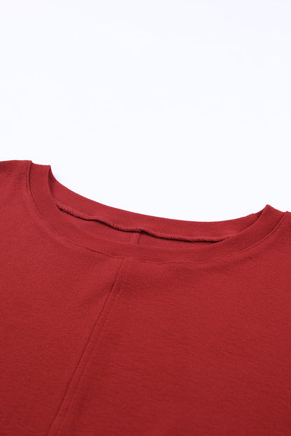 Red Basic Solid Color Seam Patchwork Long Sleeve Top