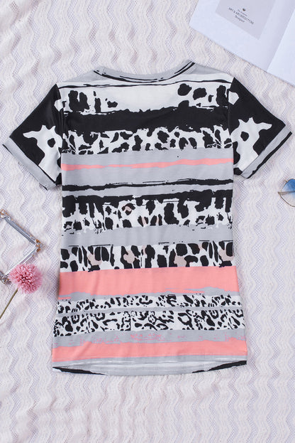 Cow Leopard Striped O-Neck Western Tee