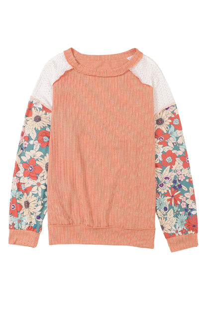 Rose Pink Floral Patchwork Puff Sleeve Exposed Seam Top