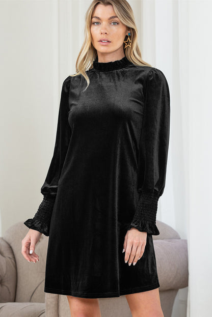 Black Velvet Frill Neck Long Sleeve Shift Dress