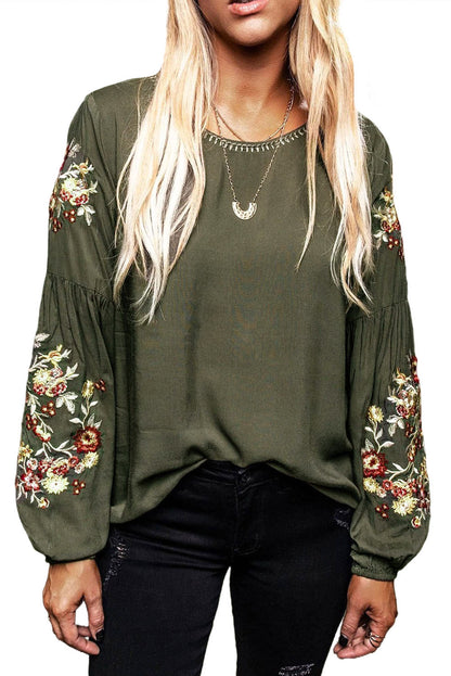 Black Flower Embroidered Jewel Neckline Long Sleeve Shirt