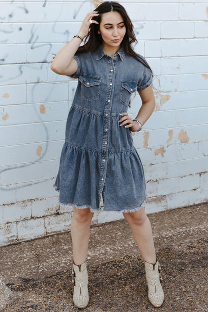 Gray Button Up Short Sleeve Denim Shirt Dress