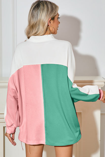Gray Colorblock Patchwork Ribbed Oversized Henley Sweatshirt