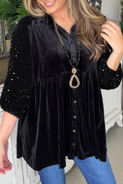 Black Velvet Sequin Puff Sleeve Button Babydoll Blouse