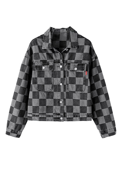 Black Checkered Patchwork Button Up Denim Jacket