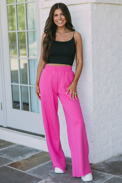 Rose Elastic High Waisted Wide Leg Sweatpants with Pockets