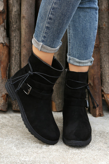 Black Faux Suede Zip Up Buckle Straps Ankle Boots