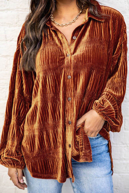 Brown Solid Color Textured Velvet Button Up Shirt