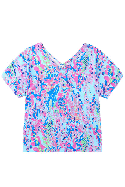 Pastel Blue Abstract Floral Print Short Sleeve V Neck T Shirt