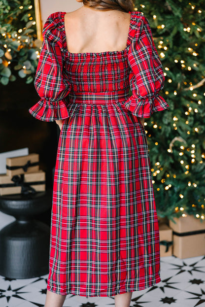 Red Plaid Square Neck Puff Sleeve Bowknot Waist Flared Midi Dress