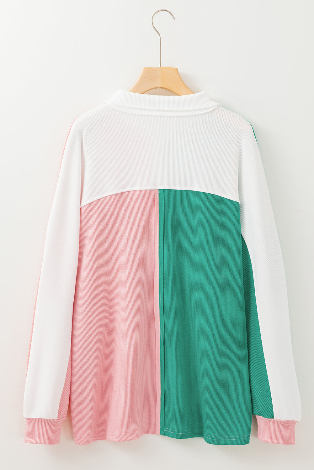 Gray Colorblock Patchwork Ribbed Oversized Henley Sweatshirt