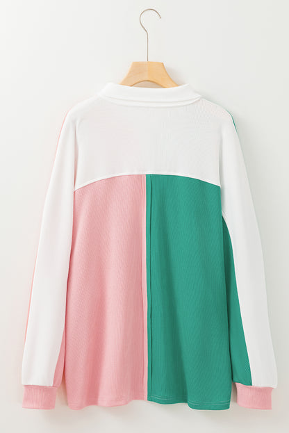 Gray Colorblock Patchwork Ribbed Oversized Henley Sweatshirt