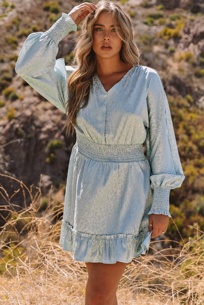 Split Sleeves Smocked Waist Leopard Satin Dress