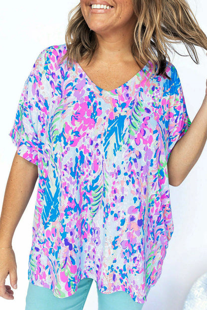 Sky Blue Plus Size Plant Print V Neck T-shirt