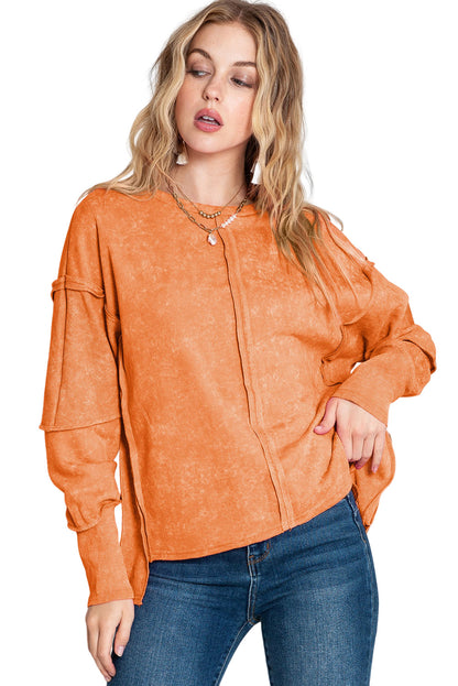 Orange Patchwork Long Sleeve Distress Pullover Top