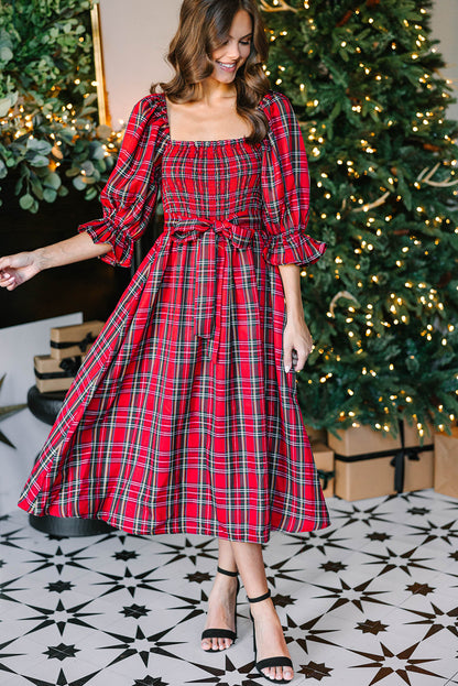 Red Plaid Square Neck Puff Sleeve Bowknot Waist Flared Midi Dress